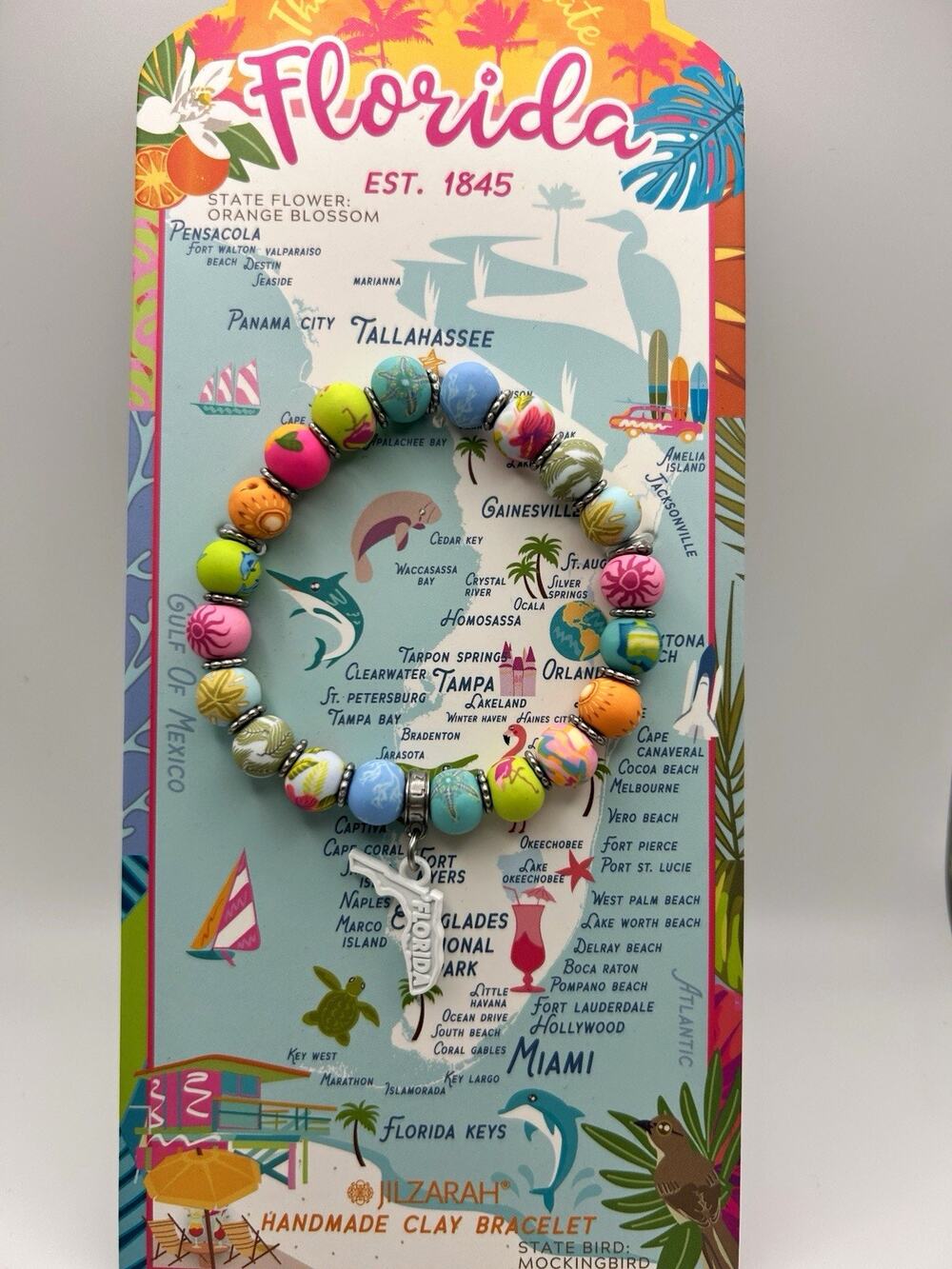 Jilzarah Handmade Clay Multicolor Beaded Dangle Charm Bracelet Florida Theme